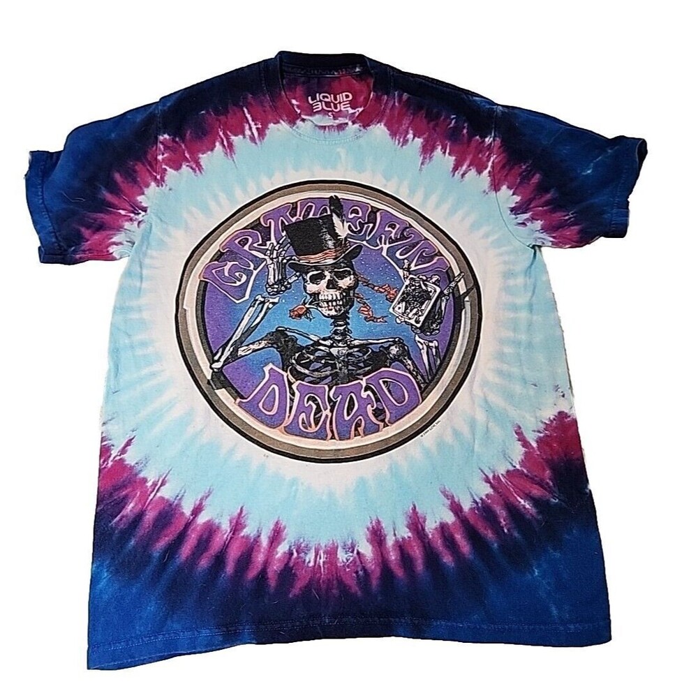 VINTAGE Grateful Dead Liquid Blue‎ 1999 Top Hat Magic Skeleton Tie Dye Tee SMALL